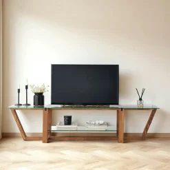 Meubles Tv En Bois|LHASA Meuble TV verre trempé bois foncé - 158 cm 2 niveaux