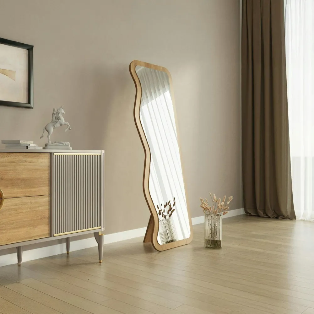Miroirs|CODY Miroir plein pied moderne 160 cm - ondulations effet noyer