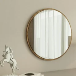 Miroirs|CODY Miroir rond moderne avec cadre effet noyerØ60 cm
