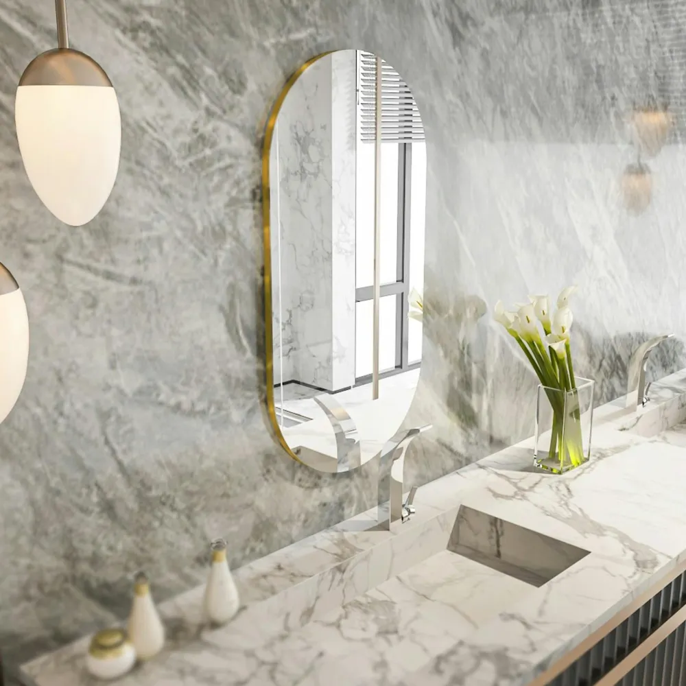 Miroirs|CODY Miroir salle de bains ovale argenté, bordure dorée 85 cm