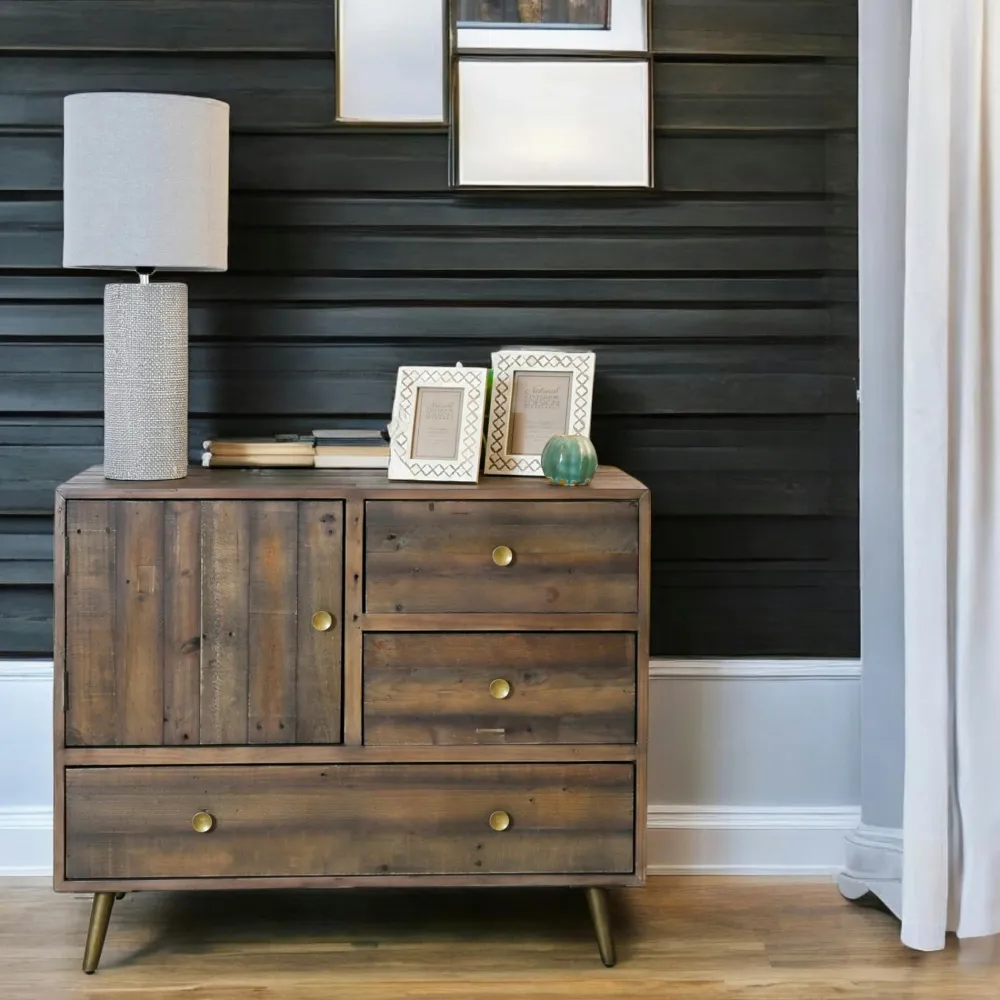 Buffets En Bois|Buffets En Bois|ADÉLAÏDE Petit buffet bois recyclé piètement effet laiton vieilli