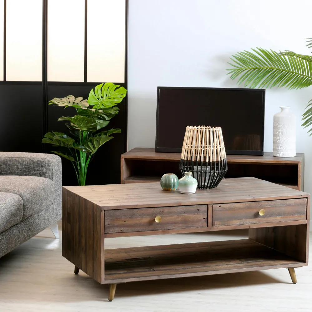 Buffets En Bois|Buffets En Bois|ADÉLAÏDE Petit buffet bois recyclé piètement effet laiton vieilli