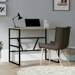 Bureaux En Bois|JENA Petit bureau moderne noir avec plateau effet chêne clair