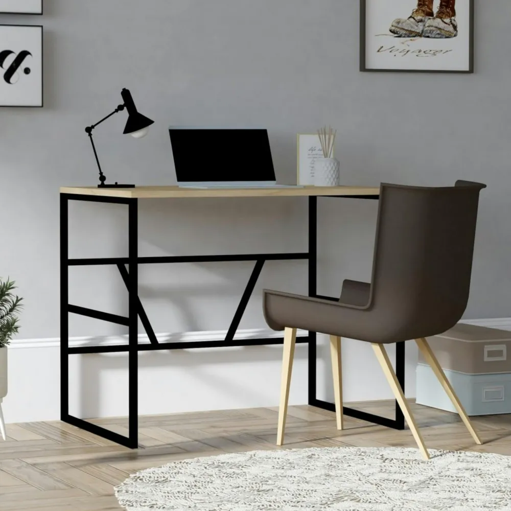 Bureaux En Bois|JENA Petit bureau moderne noir avec plateau effet chêne clair