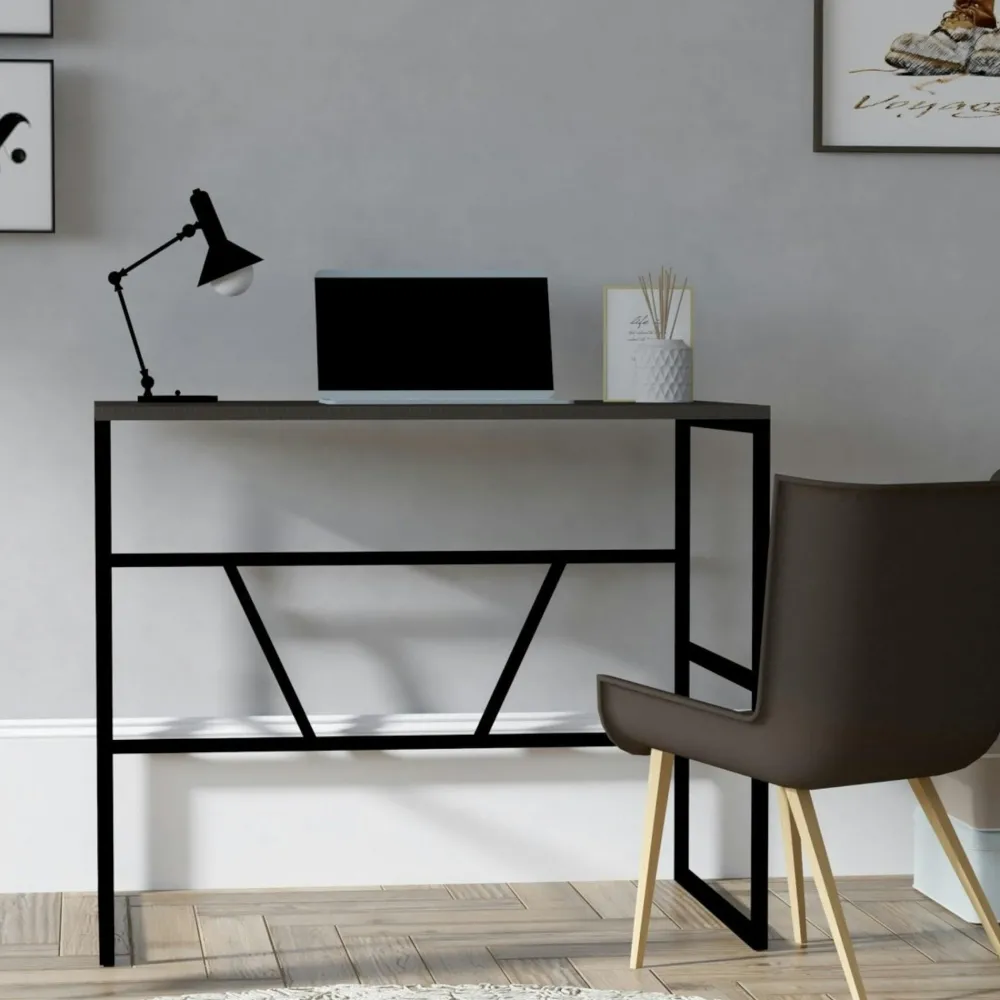 Bureaux En Bois|JENA Petit bureau moderne noir avec plateau effet chêne clair