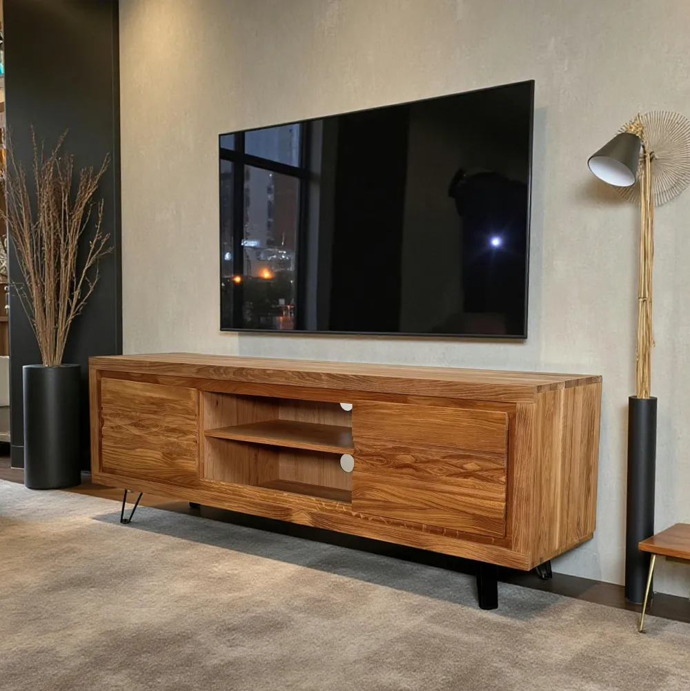 Meubles Tv En Bois|ROSETO Petit meuble tv en bois avec rangement - motif frise