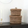 Rangements Déco·Paniers / Boîtes De Rangement|Vannerie Rotin| Petit panier de rangement rond en feuille de bananier avec couvercle (lot de 2)