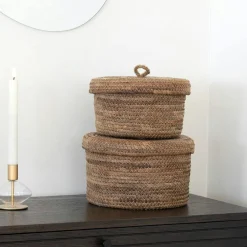 Rangements Déco·Paniers / Boîtes De Rangement|Vannerie Rotin| Petit panier de rangement rond en feuille de bananier avec couvercle (lot de 2)