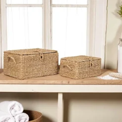 Rangements Déco·Paniers / Boîtes De Rangement|Vannerie Rotin| Petit panier de rangement rond en feuille de bananier avec couvercle (lot de 2)