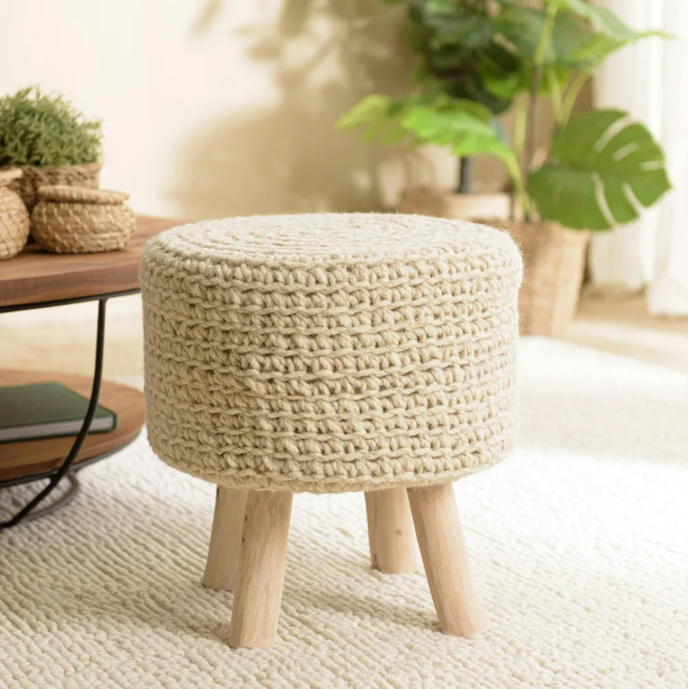 Meubles De Salon·Poufs|Meubles De Salle À Manger·Tabourets|TIM Petit tabouret rond laine tressée et bois