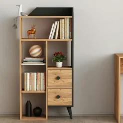 Bibliothèques En Bois|Bibliothèques En Bois|MARFA Petite bibliothèque de chambre effet bois, 2 tiroirs