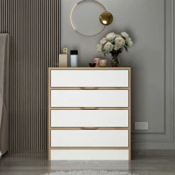 Commodes En Bois|BYRON Petite commode moderne 4 tiroirs effet noyer & gris