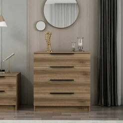 Commodes En Bois|BYRON Petite commode moderne 4 tiroirs effet bois de noyer