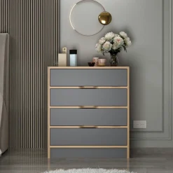 Commodes Blanches|Commodes En Bois|BYRON Petite commode moderne 4 tiroirs effet noyer & blanc