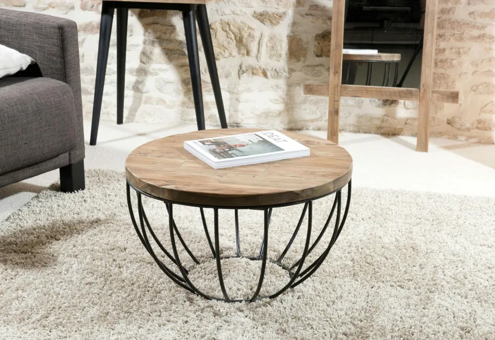 Tables Basses Scandinaves|Tables Basses Rondes|Swing Petite table basse ronde teck recyclé structure filaire noire