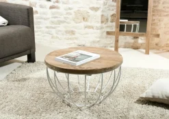 Tables Basses Scandinaves|Tables Basses Rondes|Swing Petite table basse ronde teck recyclé structure filaire noire
