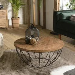 Univers Déco·Scandinave Hygge|Tables Basses Scandinaves|Swing Petite table basse ronde teck recyclé structure filaire blanche