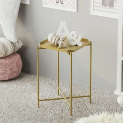 Bouts De Canapé En Métal|SFAX Petite table d’appoint dorée carrée, pieds croisés