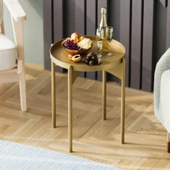 Bouts De Canapé En Métal|SFAX Petite table ronde noire design & plateau doré