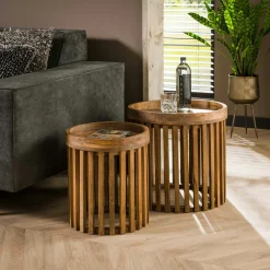 Bouts De Canapé En Bois|DELHI Petite table ronde striée (lot de 2)