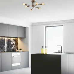 Suspensions / Lustres|MARATEA Plafonnier design doré, 6 lampes sur tiges