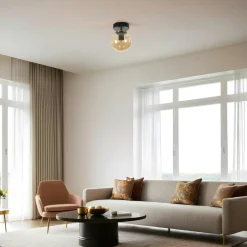 Suspensions / Lustres|SIERRE Plafonnier globe verre ambré, finition noire