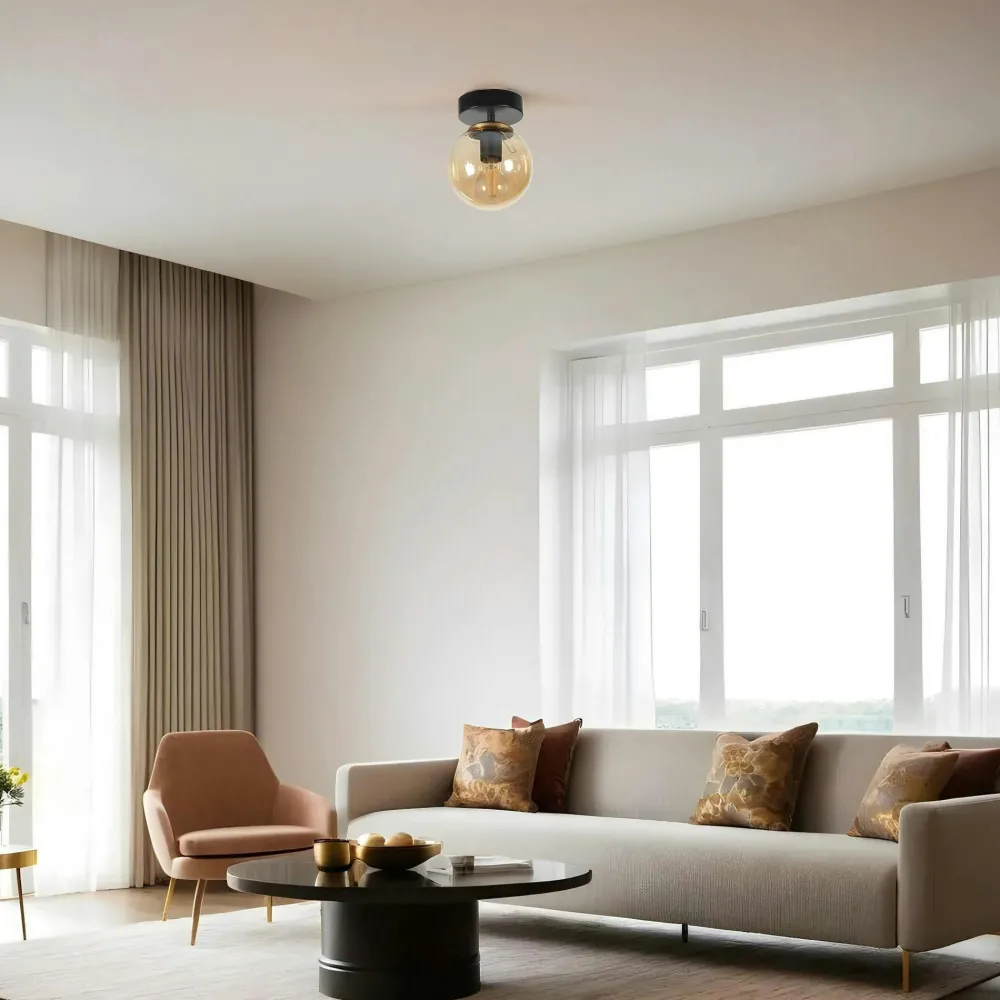 Suspensions / Lustres|SIERRE Plafonnier globe verre ambré, finition noire