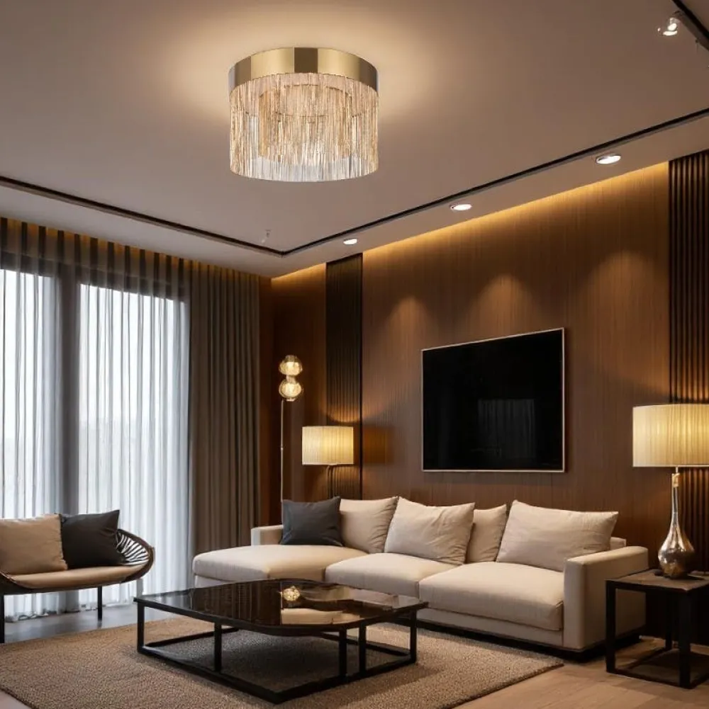 Suspensions / Lustres|AMOS Plafonnier moderne LED – double rang de franges dorées