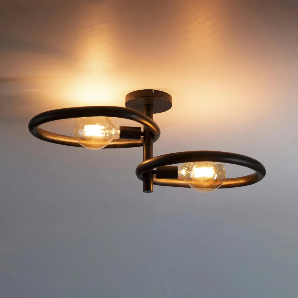 Lampes À Poser·Lampe Style Industriel|Suspensions / Lustres|TRIBECA Plafonnier métal noir 2 ampoules, forme galet