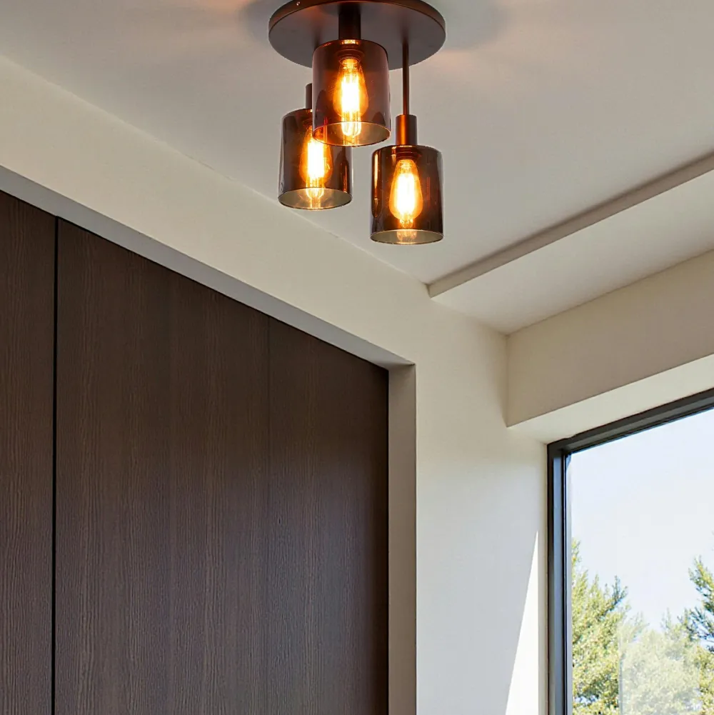 Suspensions / Lustres|NOVA Plafonnier vintage 3 abat-jour verre teinté en cascade