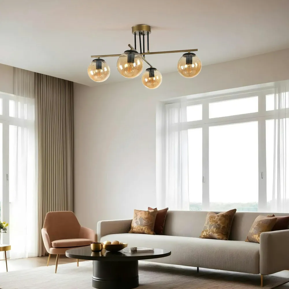 Suspensions / Lustres|SIERRE Plafonnier vintage doré 5 globes verre ambré