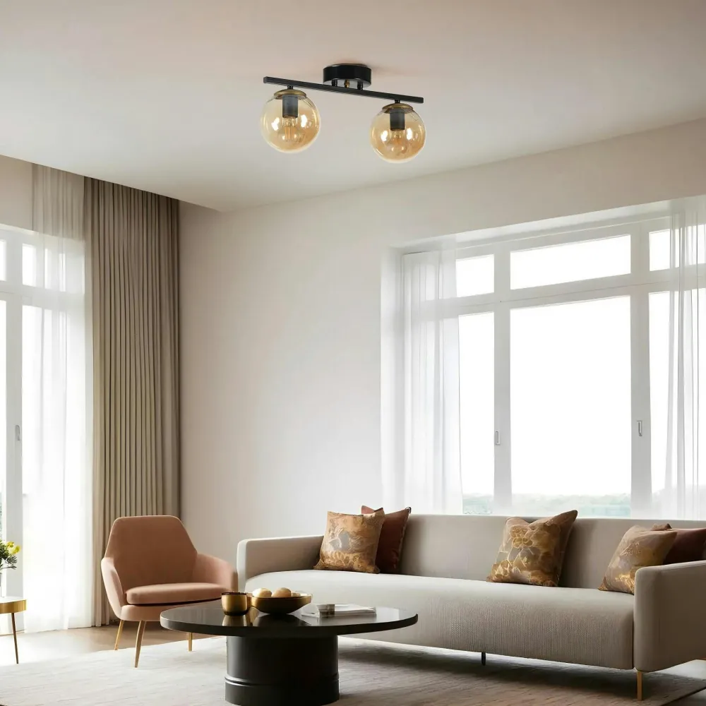 Suspensions / Lustres|SIERRE Plafonnier vintage doré 5 globes verre ambré