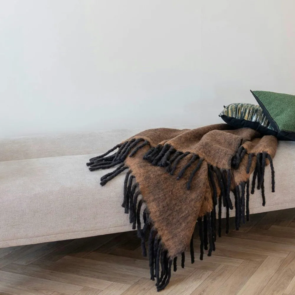 Textile·Plaids / Jetés|FALLON Plaid canapé marron - franges noires, 130x170 cm