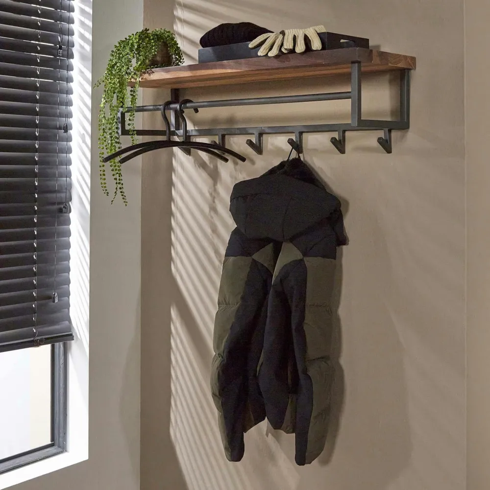 Meubles D'Entrée·Portemanteaux|Portemanteaux Industriels|HALIFAX Portemanteau mural en bois de noyer 6 crochets, 1 étagère