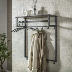 Meubles D'Entrée·Portemanteaux|Portemanteaux Industriels|RALF Portemanteau mural moderne 1 étagère effet céramique et 12 crochets