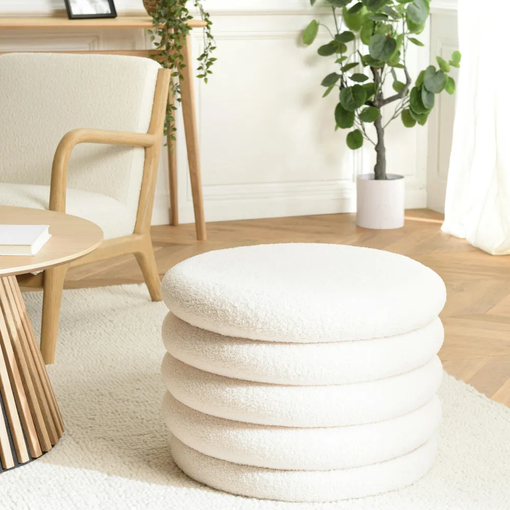 Meubles De Salon·Poufs|COLOMBUS Pouf coffre rond tissu bouclette écru D58 cm