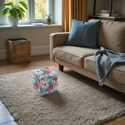 Meubles De Salon·Poufs| Pouf cube tropical motif perroquets, feuilles et fleurs 35x35x35cm BORNEO