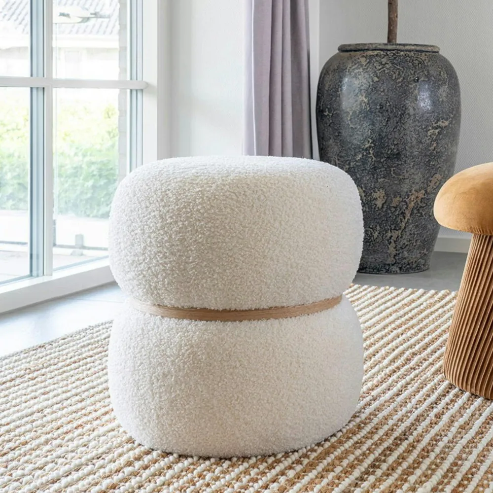 Meubles De Salon·Poufs|BRUGES Pouf de salon blanc effet fourrure avec cerclage bois