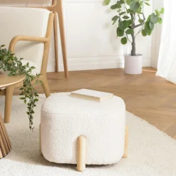 Meubles De Salon·Poufs|COLOMBUS Pouf rond avec rangement tissu bouclette écru D79 cm