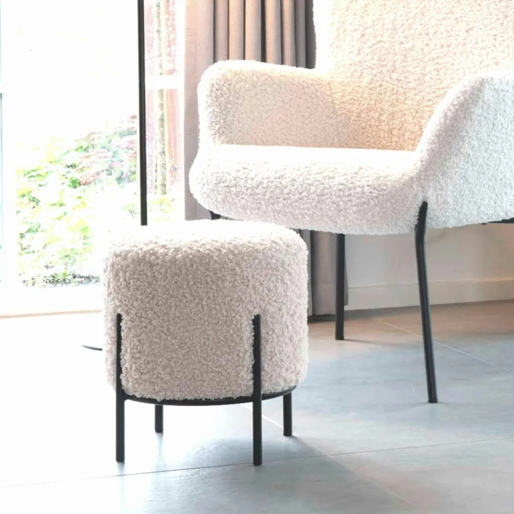 Meubles De Salon·Poufs|BRUGES Pouf rond taupe effet fourrure avec pieds en métal noir