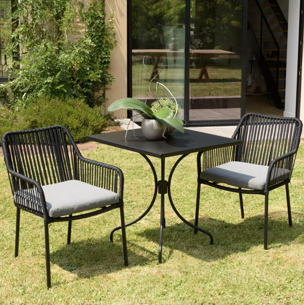 Salons De Jardin·Ensemble Repas|GIJON Salon de jardin 1 table carrée métal noir 70x70 cm - 2 fauteuils cordage noir 1 coussin gris