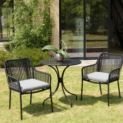 Salons De Jardin·Ensemble Repas|GIJON Salon de jardin 1 table ronde métal noir D70 cm - 2 fauteuils cordage noir 1 coussin gris