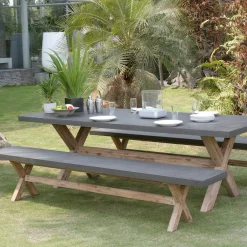 Salons De Jardin·Ensemble Repas|HERCULE Salon de jardin Aspect Béton et piètement en Acacia Table 200x100 + 2 bancs