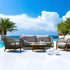 Salons De Jardin·Salons Détente|MENDOZA Salon de jardin en bois d'acacia et corde (1 canapé, 2 fauteuils, 1 table basse ronde)