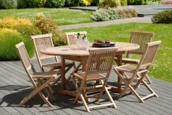 Salons De Jardin·Ensemble Repas|SUMMER Salon de jardin en teck Table ovale 120/180 cm et 6 chaises Java pliantes