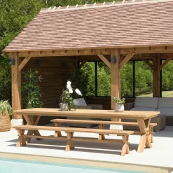 Salons De Jardin·Ensemble Repas|MANY Salon de jardin pieds en croix teck recyclé naturel table 320 cm + 2 bancs 270 cm