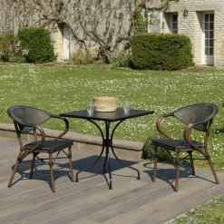 Salons De Jardin·Ensemble Repas|GIJON Salon de jardin table carrée noire 70x70 cm + 2 fauteuils bistrot tissu marron
