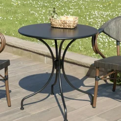 Salons De Jardin·Ensemble Repas|GIJON Salon de jardin table noire ronde D70 cm + 2 fauteuils bistrot tissu taupe