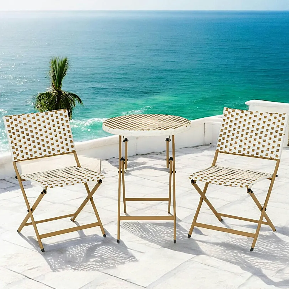 Salons De Jardin·Ensemble Repas| Salon de jardin table ronde + 2 chaises résine blanche tressée motifs beiges BISTROT