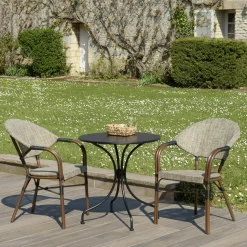Salons De Jardin·Ensemble Repas|GIJON Salon de jardin table ronde noire D70 cm + 2 fauteuils bistrot tissu marron